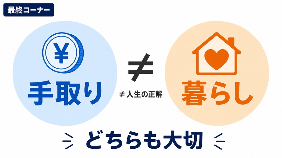 手取りと暮らしはイコールではなく、どちらも大切であることを示す図