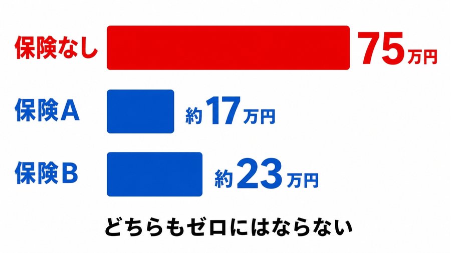 保険なし75万円、保険A約17万円、保険B約23万円と並べ、どちらもゼロにはならないことを示す棒グラフ