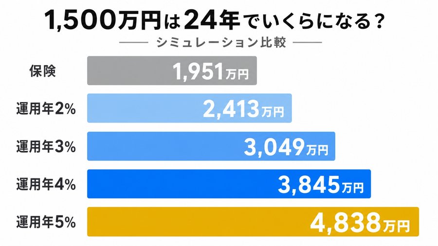 1,500万円が24年後に、保険1,951万円、運用年2%で2,413万円、年5%で4,838万円になることを比べた棒グラフ