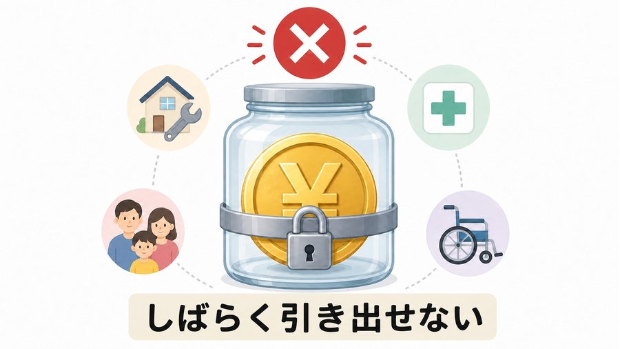 鍵のかかった瓶に入った硬貨と、住宅修繕・家族への援助・医療・介護のアイコン