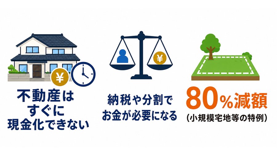 不動産はすぐに現金化できないこと、納税や分割で現金が必要になること、小規模宅地等の特例で80%減額されることを並べた図