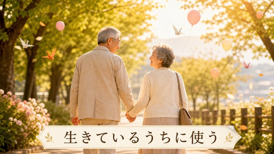 秋の並木道を手をつないで歩く高齢の夫婦