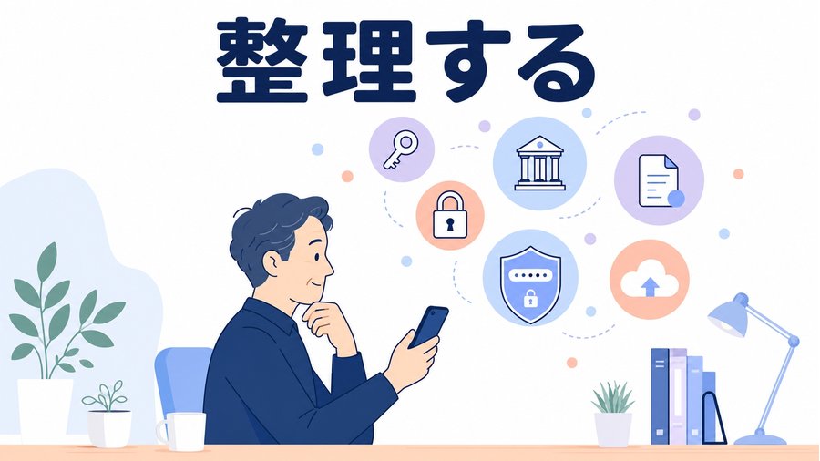スマートフォンを手に、銀行・鍵・書類・クラウドなどの情報を整理する人のイラスト