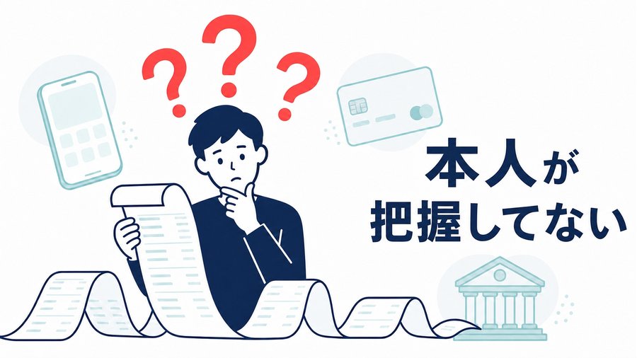 長い利用明細を手に、スマートフォンやクレジットカードの引き落としに首をかしげる人のイラスト