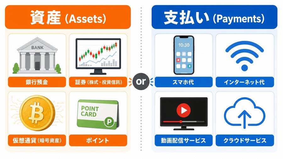 資産（銀行預金・証券・暗号資産・ポイント）と支払い（スマホ代・通信費・動画配信・クラウド）を左右に分けた図