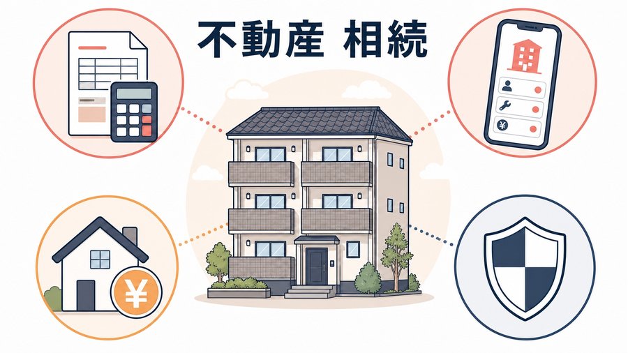 アパートを中心に、確定申告書と電卓・管理アプリ・家賃・火災保険のアイコンを配した図