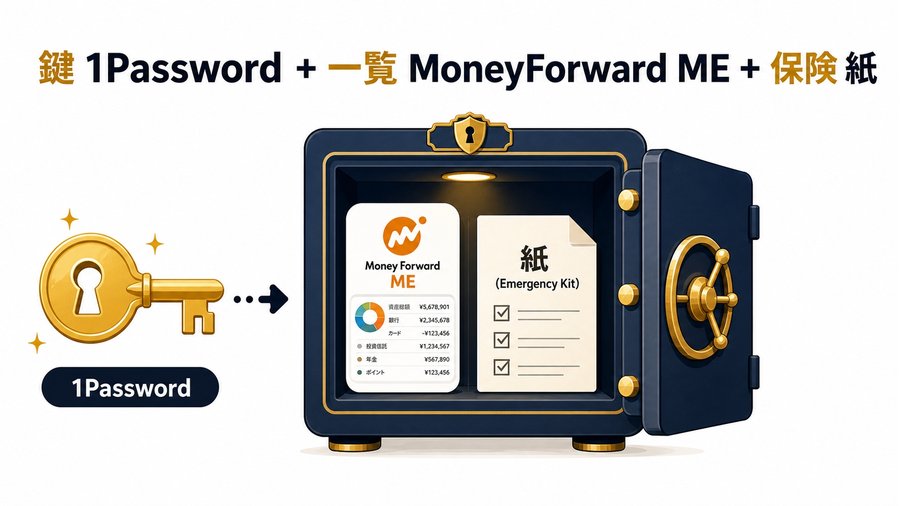 鍵が1Password、金庫の中にマネーフォワードMEの画面と紙のEmergency Kitが入っている図