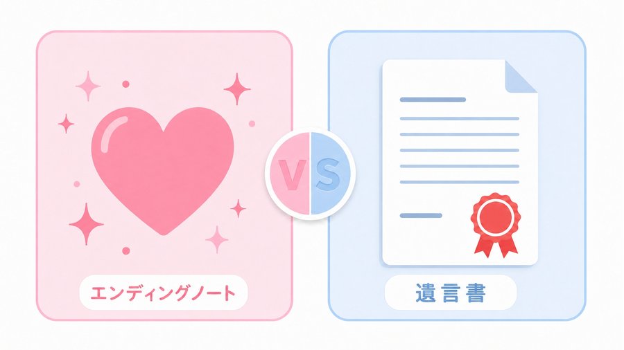 エンディングノートと遺言書を左右に並べ、思いを伝えるものと財産の分け方を決めるものとして対比した図