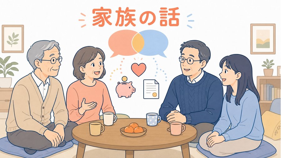 居間のテーブルを囲んで、親世代と子世代がお金の話をしている家族のイラスト