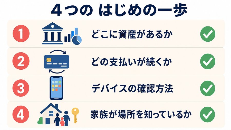 資産の場所・続く支払い・端末の確認方法・家族が場所を知っているか、という4つのはじめの一歩を並べた図