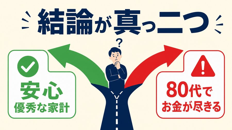 「安心・優秀な家計」と「80代でお金が尽きる」という正反対の結論に分かれた分岐路の図