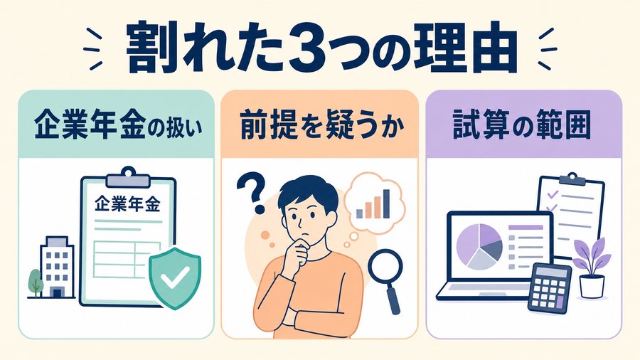 企業年金の扱い・前提を疑うか・試算の範囲という、結論が割れた3つの理由