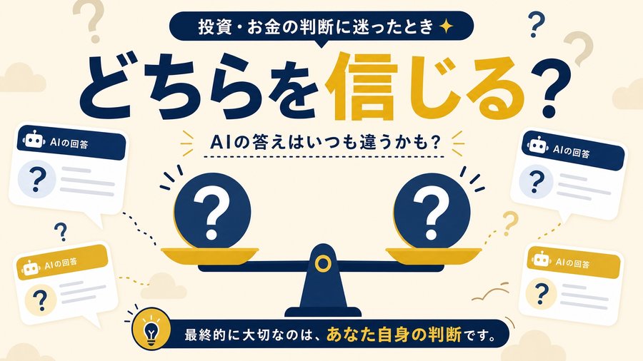 複数のAIの答えを前に、どちらを信じるか迷う天秤の図