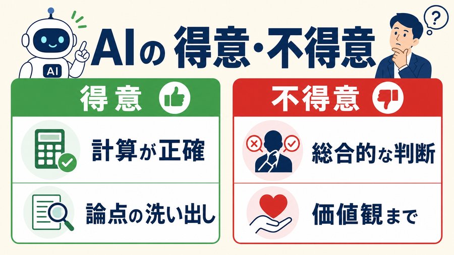 AIが得意なのは計算と論点の洗い出し、不得意なのは総合的な判断と価値観であることを示す図