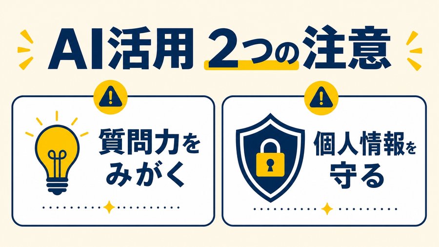 AI活用の2つの注意点として、質問力をみがくことと個人情報を守ることを挙げた図