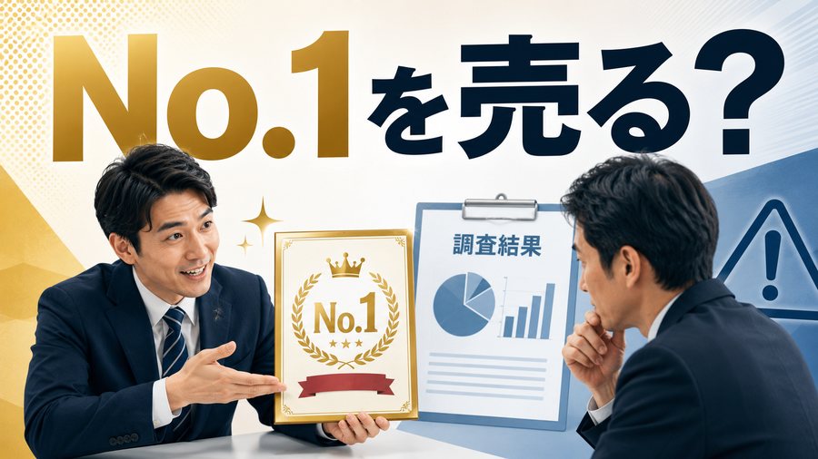 調査会社が企業へNo.1という広告材料を売り込む様子