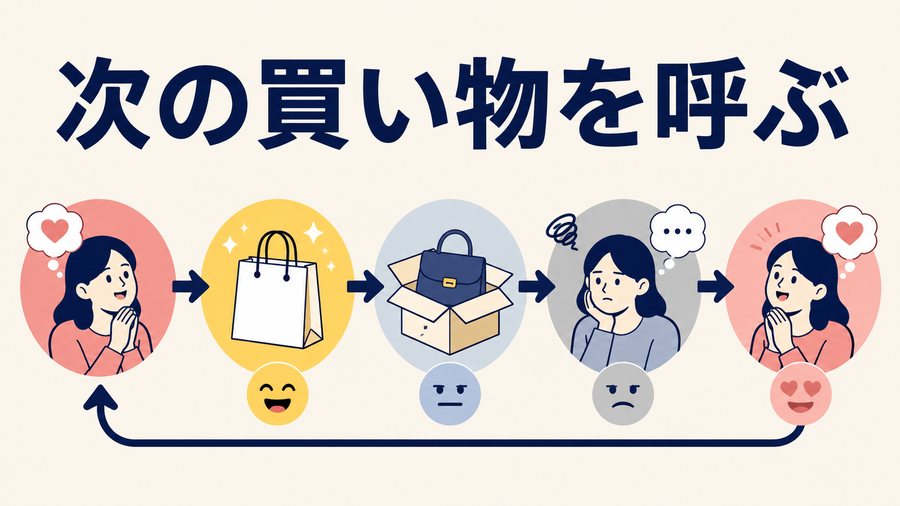 満たされない買い物が次の買い物を呼ぶ循環を示す図