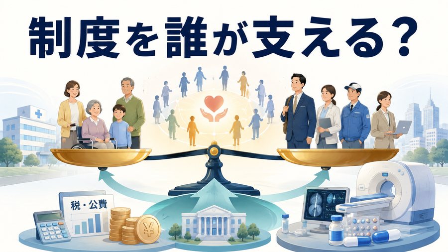 高額療養費制度を保険料や税で社会全体が支えていることを示す図