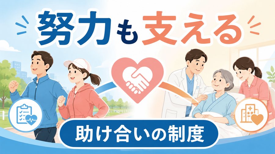 健康への努力と病気になった人を支える助け合いを示す図