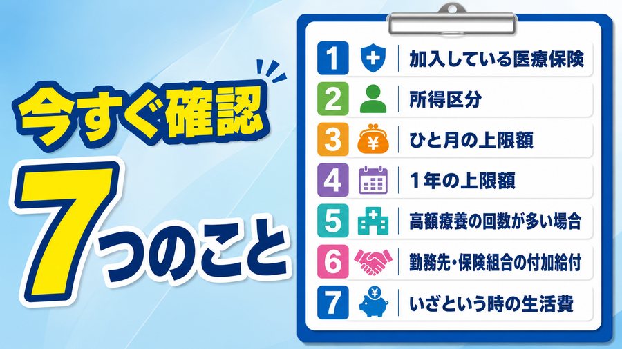 高額療養費制度について今すぐ確認したい7項目を示す図