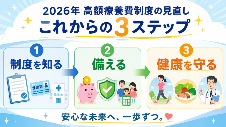 制度を知る、備える、健康を守るという三つの行動を示す図