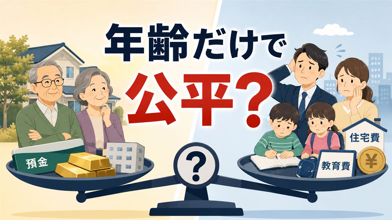 資産のある高齢者世帯と教育費や住宅費を抱える現役世帯を比較する天秤