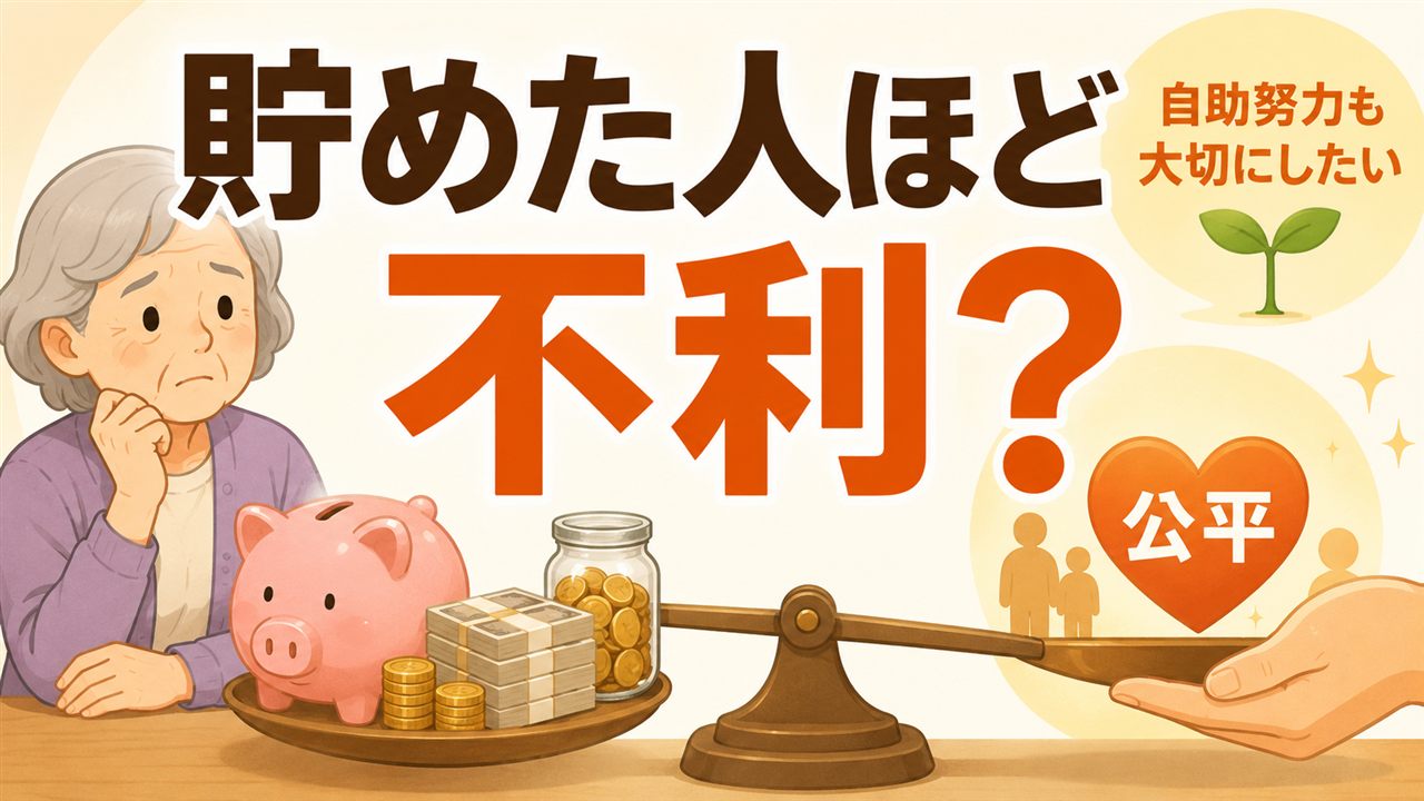 老後に備えて貯蓄した人ほど不利になるのかと問いかける図