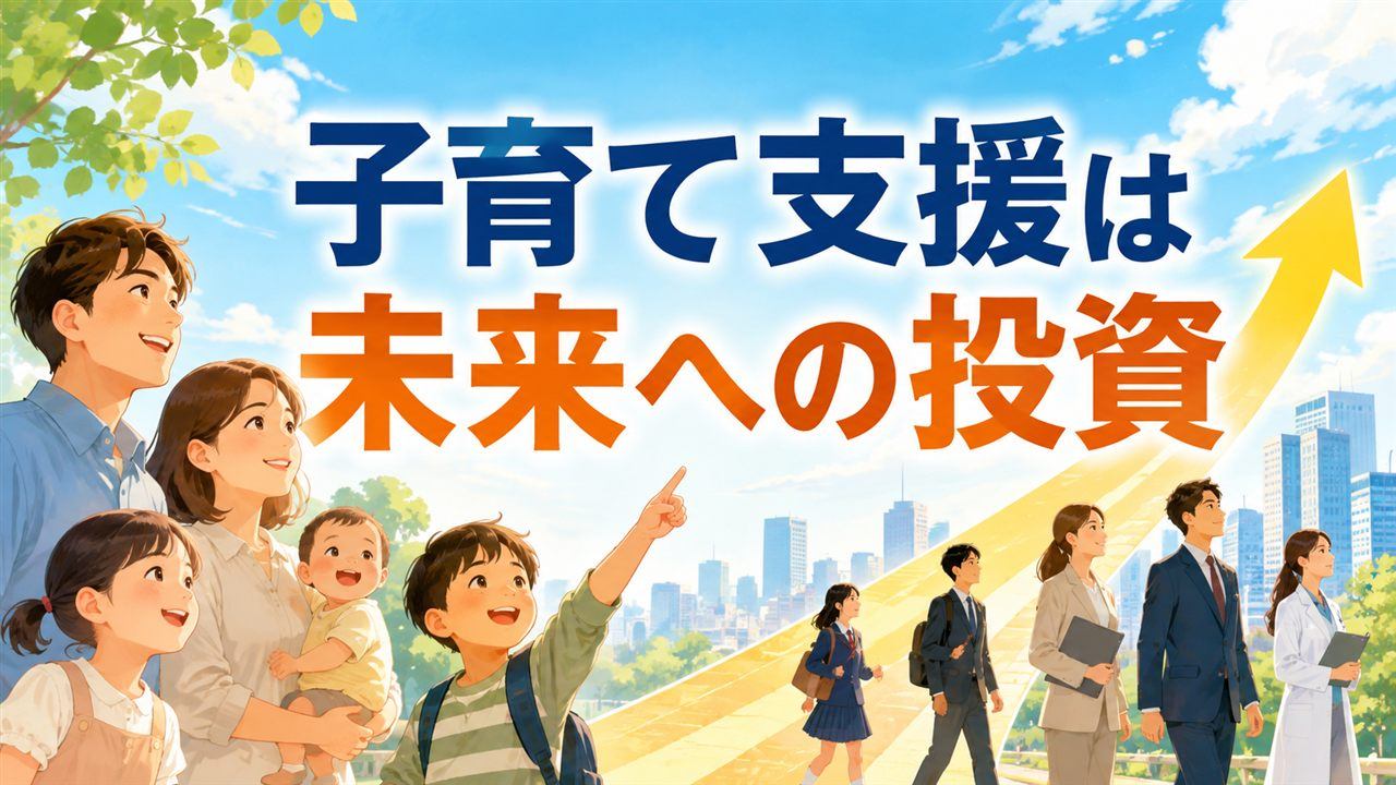 子育て支援が将来の社会を支える人への投資であることを示す図