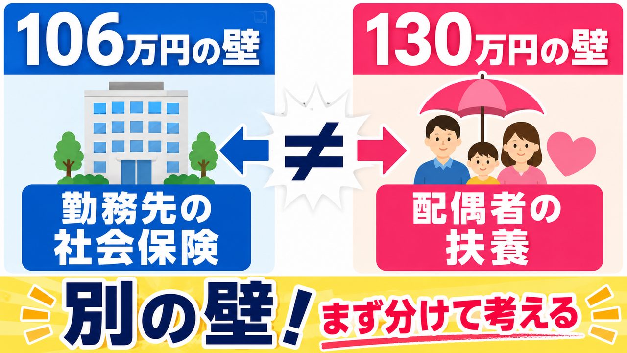 106万円は勤務先の社会保険、130万円は配偶者の扶養という異なる基準
