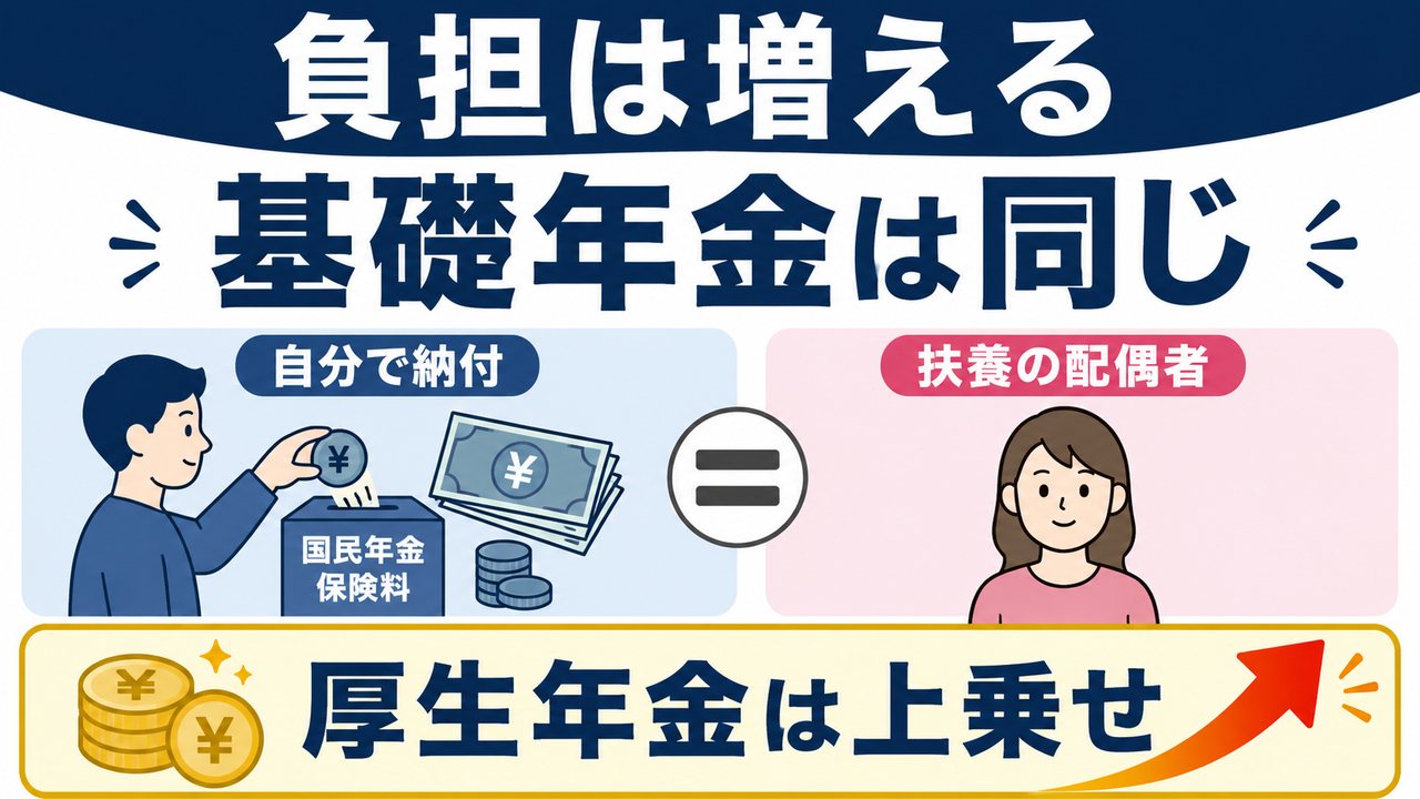 同じ期間なら第1号の納付と第3号で基礎年金への反映は同じ。厚生年金には上乗せがある