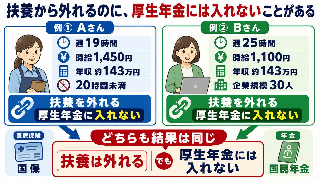 Aさんは週19時間で時間要件を満たさず、Bさんは勤務先の規模要件を満たさない。どちらも年収約143万円で扶養から外れる例