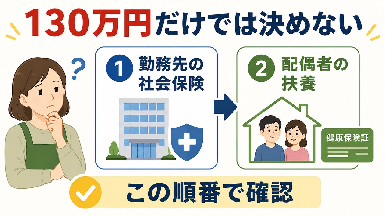 まず勤務先の社会保険への加入を確認し、加入しない場合に配偶者の扶養に残れるかを確認する順序