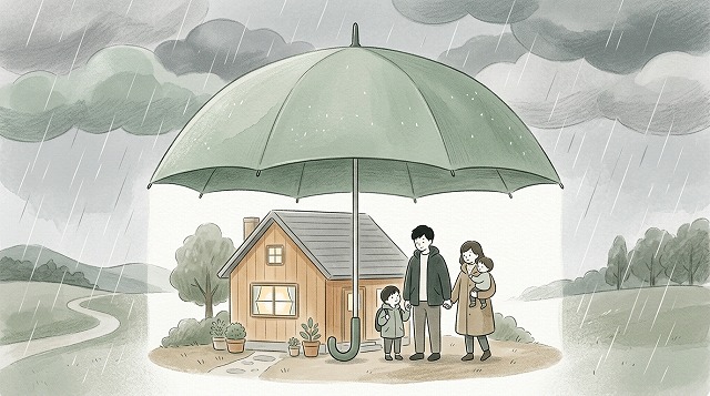 嵐の中で家族と家を守る傘のイラスト