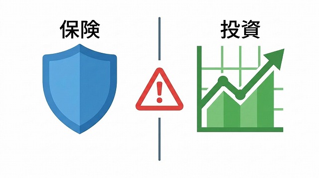 保険（盾）と投資（グラフ）は分けるべきことを示すイラスト