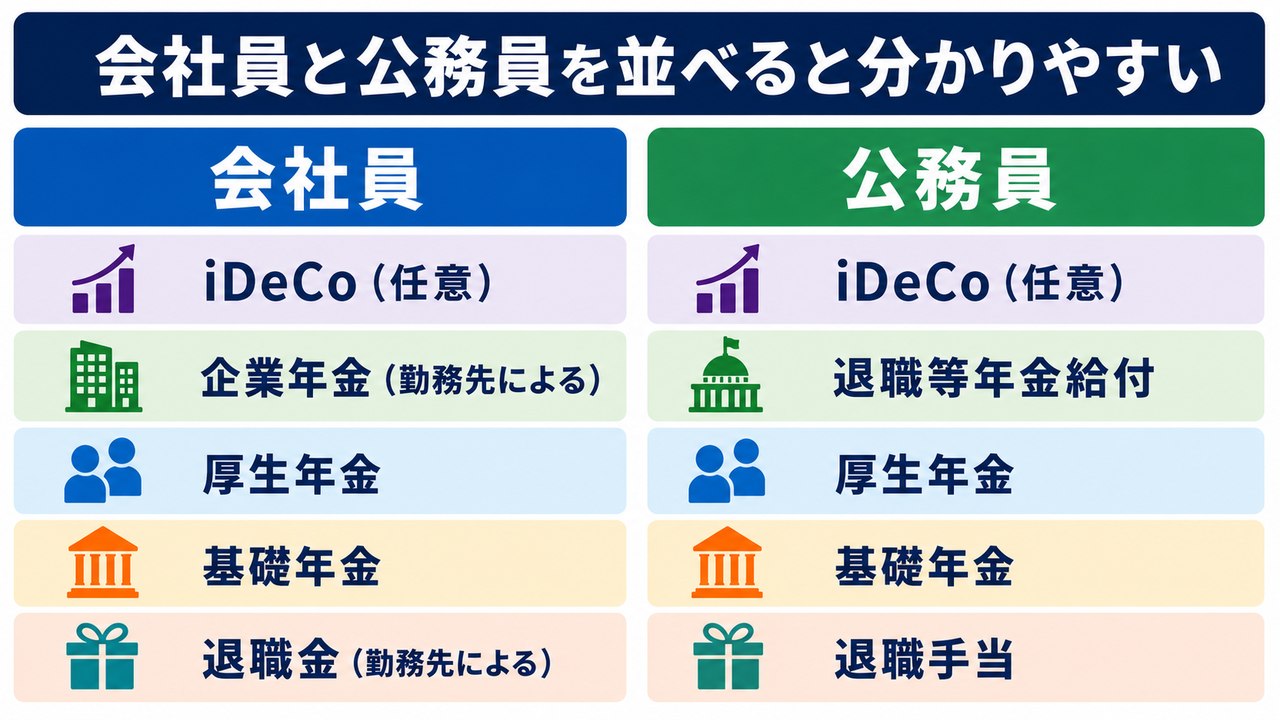 会社員と公務員の年金・退職給付の構造を並べた比較図