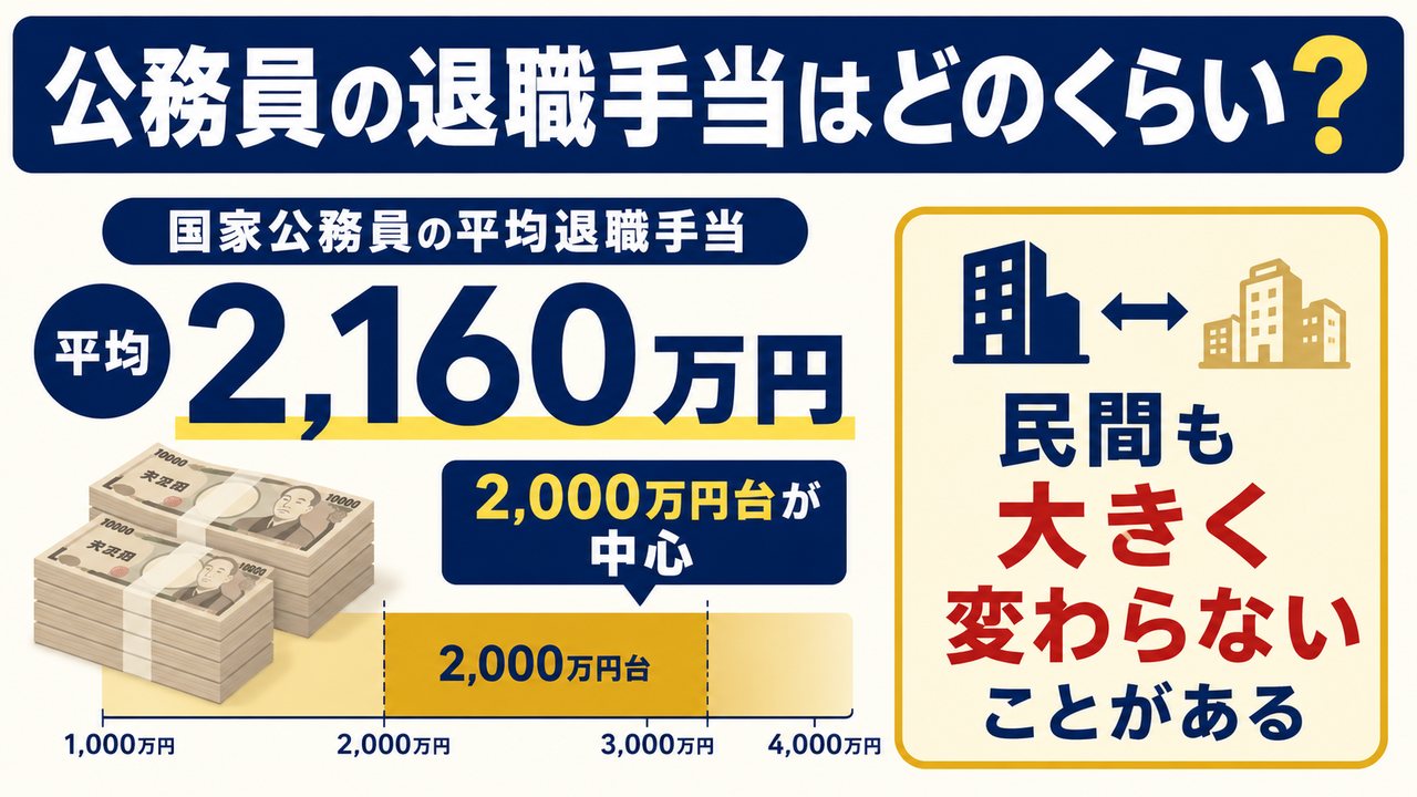 国家公務員の定年退職手当は平均約2,160万円で、2,000万円台が中心と示す図