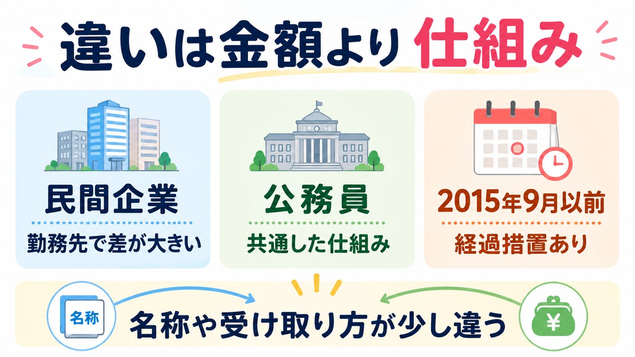 公務員と会社員の違いは金額より制度の仕組みにあることを示すまとめ図