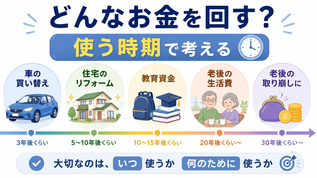 車・住宅・教育・老後などお金を使う時期で置き場所を考える図