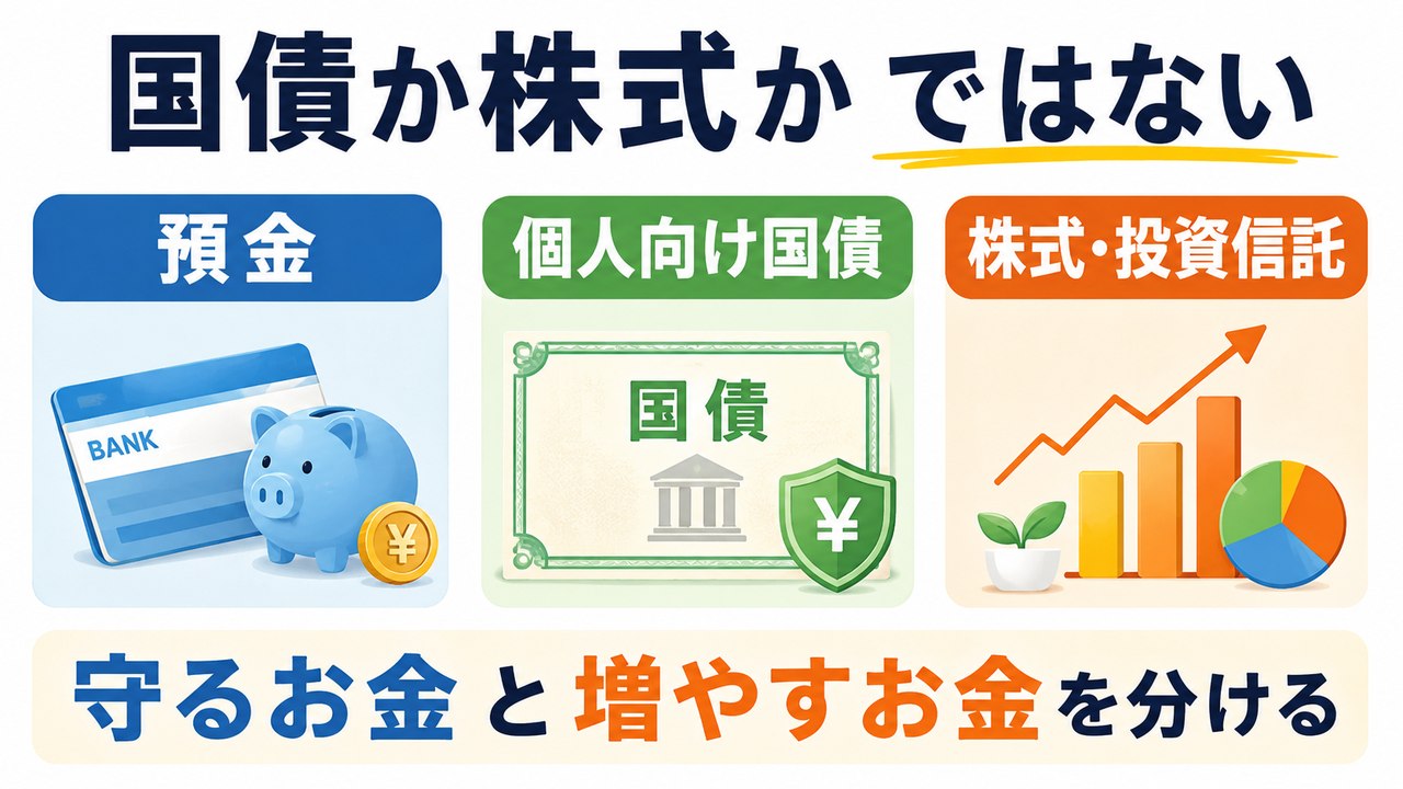 預金・個人向け国債・株式投資信託の役割を分ける図