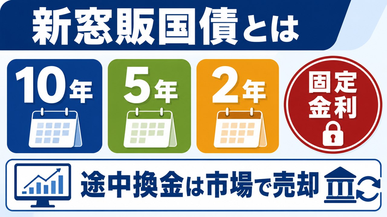 新窓販国債の満期と金利タイプ、中途売却の仕組みを示す図