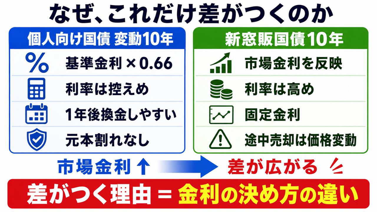 個人向け国債と新窓販国債で金利上昇時の利率差が生じる理由を示す図