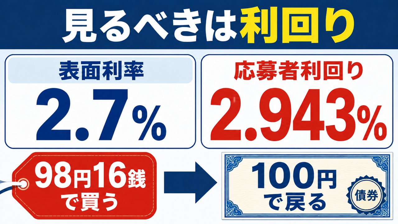 新窓販国債の表面利率と応募者利回り、購入価格と償還価格の関係を示す図