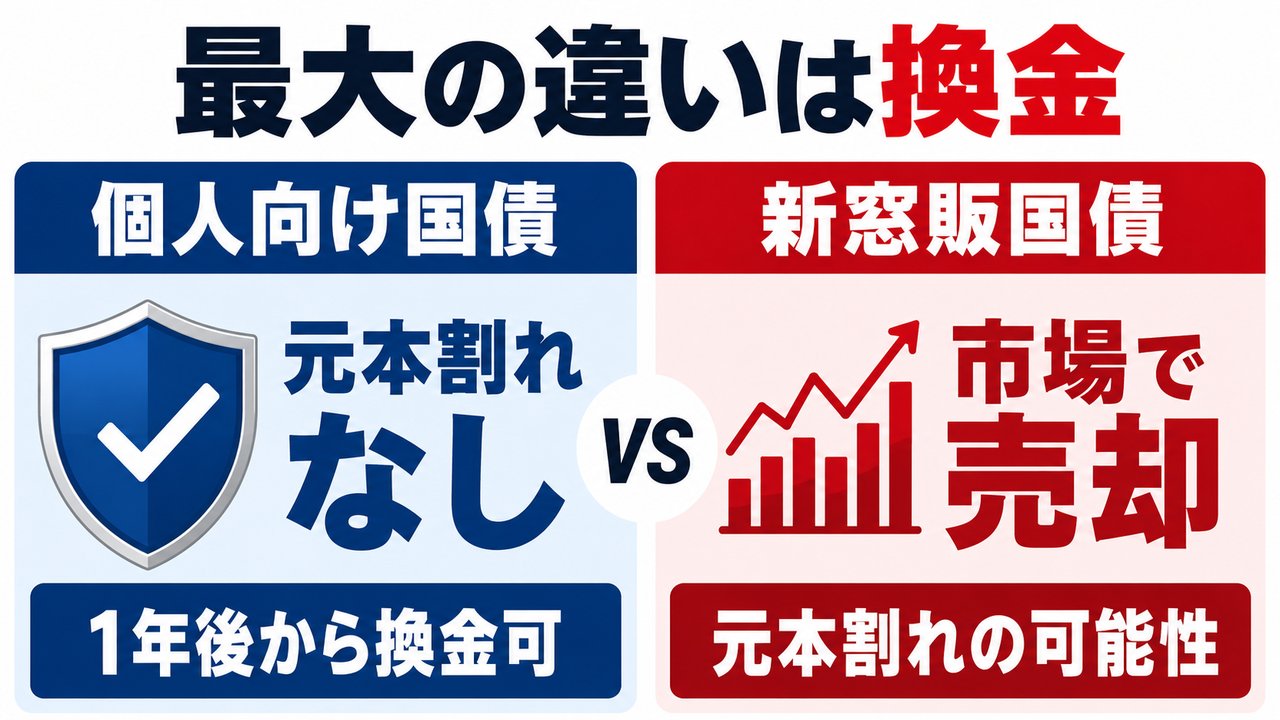 個人向け国債と新窓販国債の中途換金方法の違いを示す図