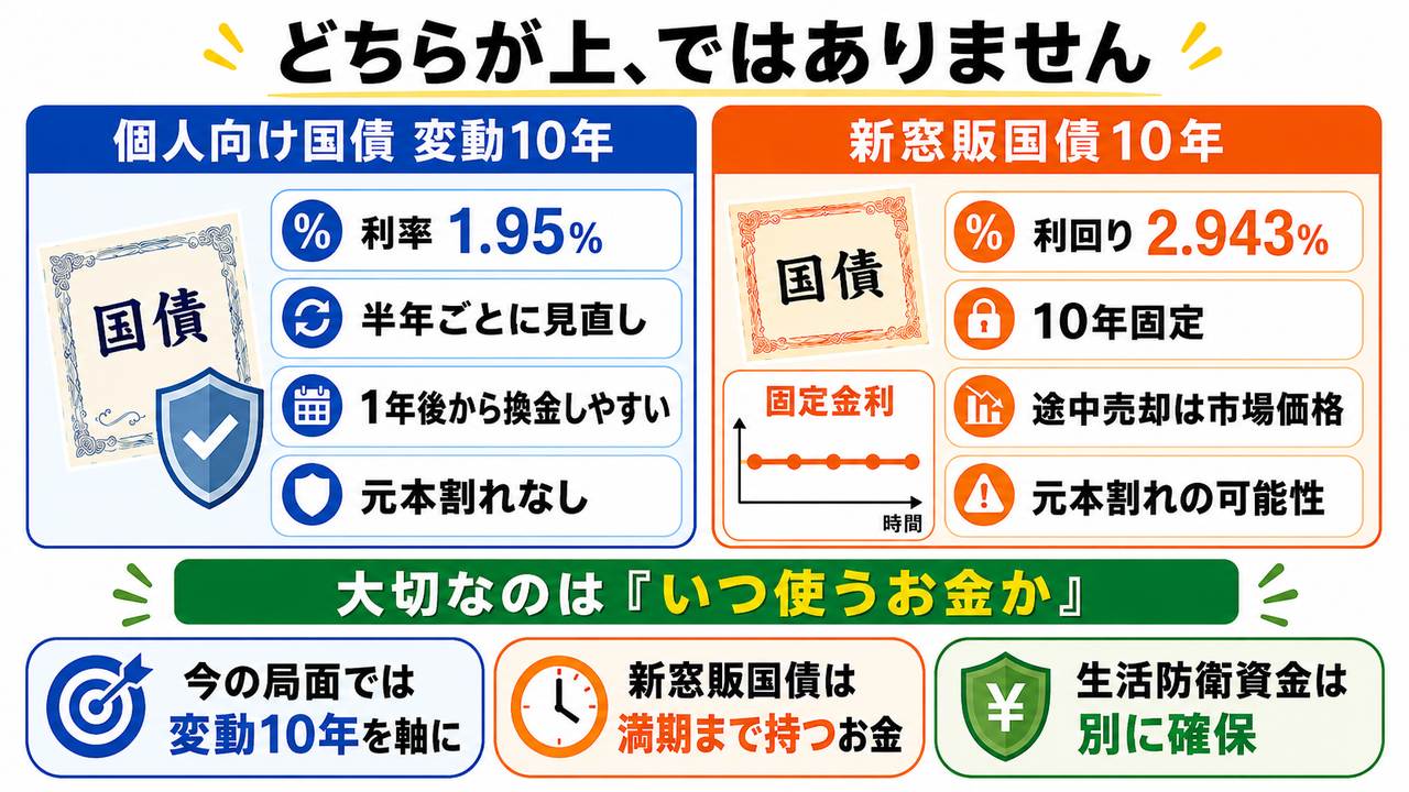 個人向け国債の変動10年と新窓販国債10年の違いと、使い分けの考え方をまとめた図