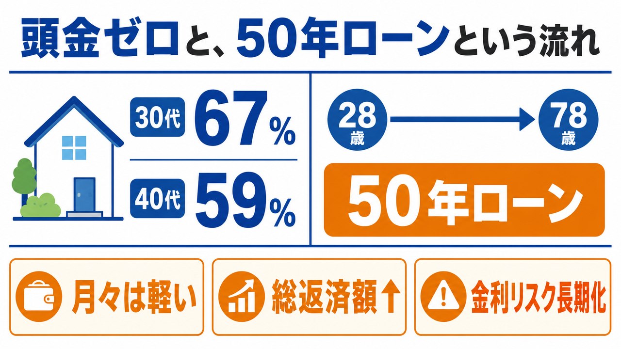 頭金ゼロと50年ローンの注意点を示す図