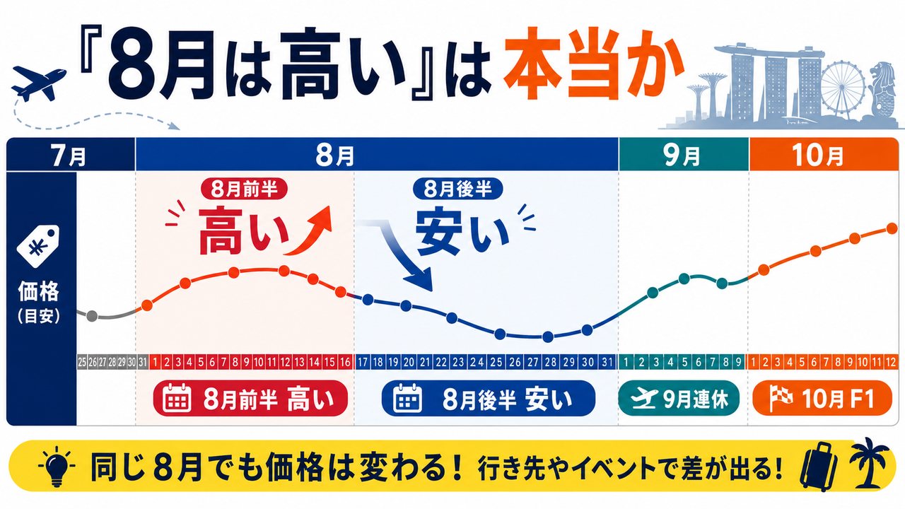 同じ8月でも時期や行き先のイベントによって旅行価格が変わることを示す図