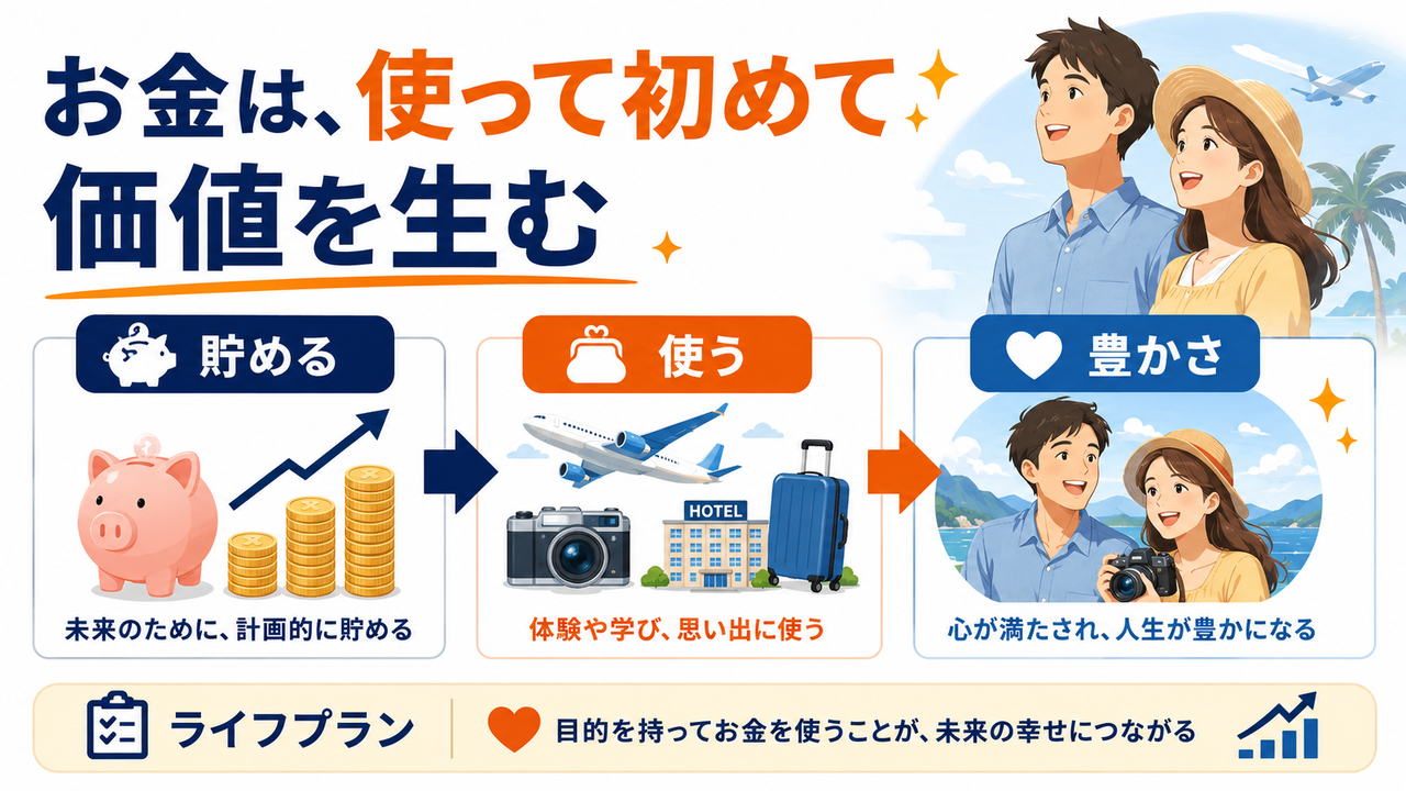 貯めたお金を体験や思い出に使い人生の豊かさへつなげる考え方を示す図