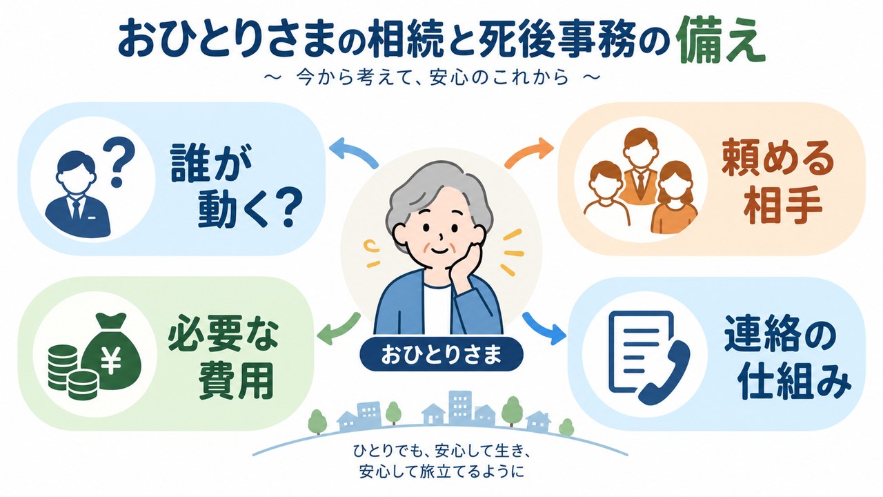 おひとりさまの相続と死後事務で必要になる実行者、依頼先、費用、連絡の仕組み