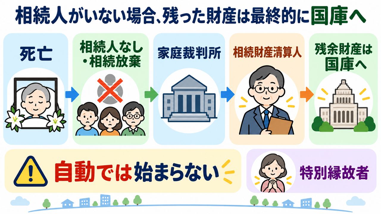 死亡後に相続財産清算人が選任され残余財産が国庫に帰属するまでの流れ