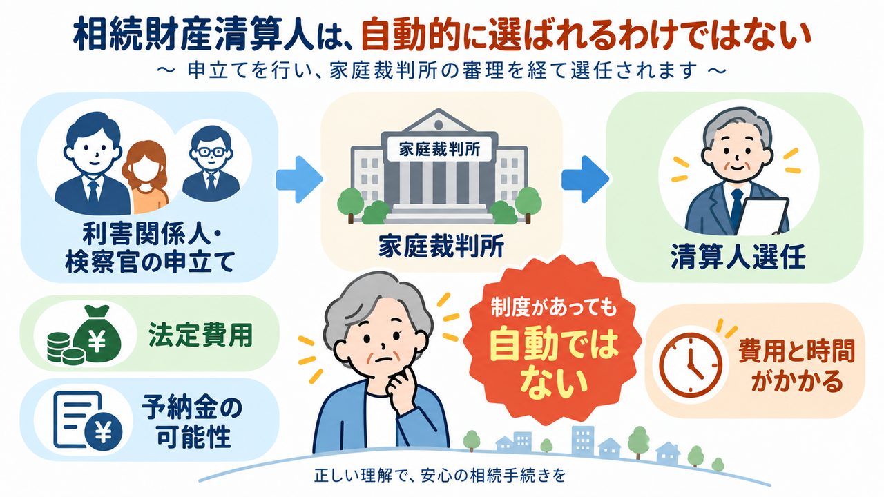 利害関係人や検察官の申立てを受け家庭裁判所が相続財産清算人を選任する流れ